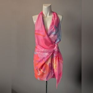 Kulani Kinis Bright Pink and Purple Halter Faux Wrap Dress Size XS NWT